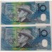 AUSTRALIA 1998 . TEN 10 DOLLAR BANKNOTES . ERROR . CONSEC PAIR . ORANGE MISSING ON 2 NOTES